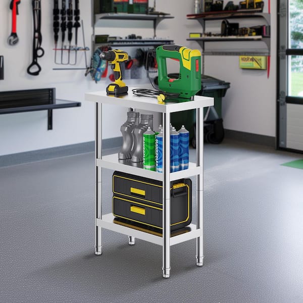 Stainless Steel Food Prep Table, 14 x 24 x 34 In. Commercial Kitchen Worktable, with 2 Adjustable Undershelf, Silver