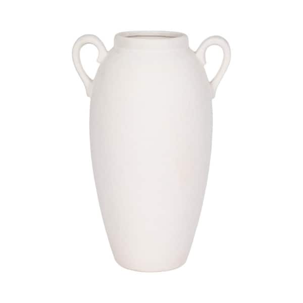 16 in. White Stoneware Textured Amphora Jug with Handles Decorative Vase