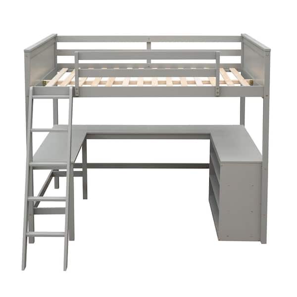 Polibi Full size Loft Bed with Shelves and Desk, Wooden Loft Bed with Desk-Gray