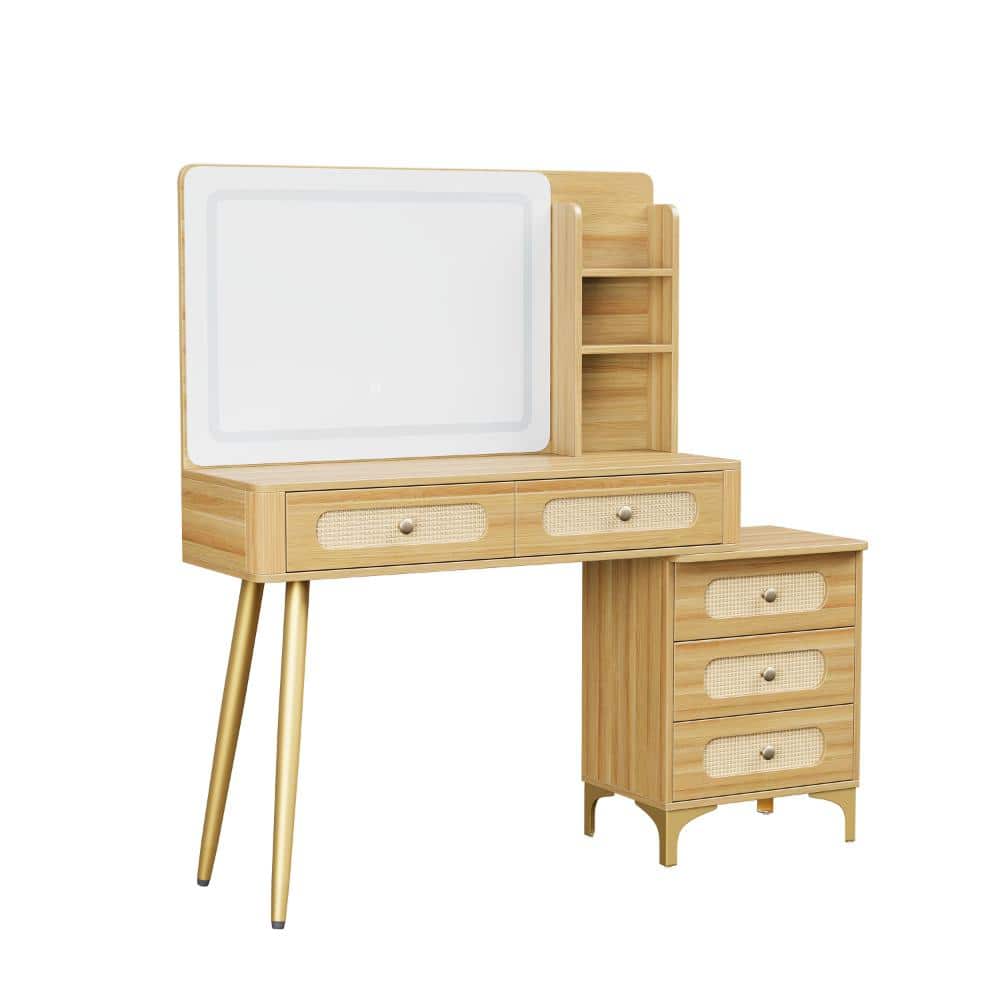 47 in. W Natural Wood Makeup Vanity with Mirror, Lights with 3 Color Modes, 5 Drawers, Shelves price history on PriceWatchPro