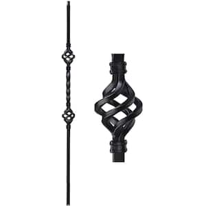 44 in. x 1/2 in. Satin Black Double Basket Single Twist Square Base Hollow Wrought Iron Stair Baluster