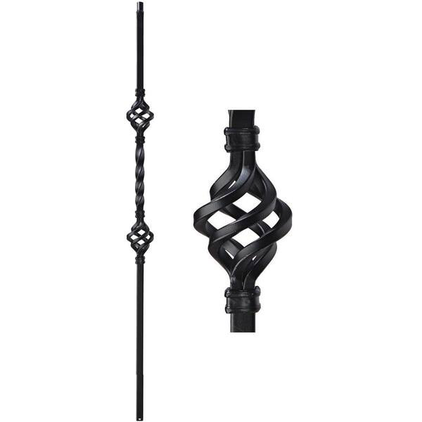Atlas Stair Parts 44 in. x 1/2 in. Satin Black Double Basket Single Twist Square Base Hollow Wrought Iron Stair Baluster
