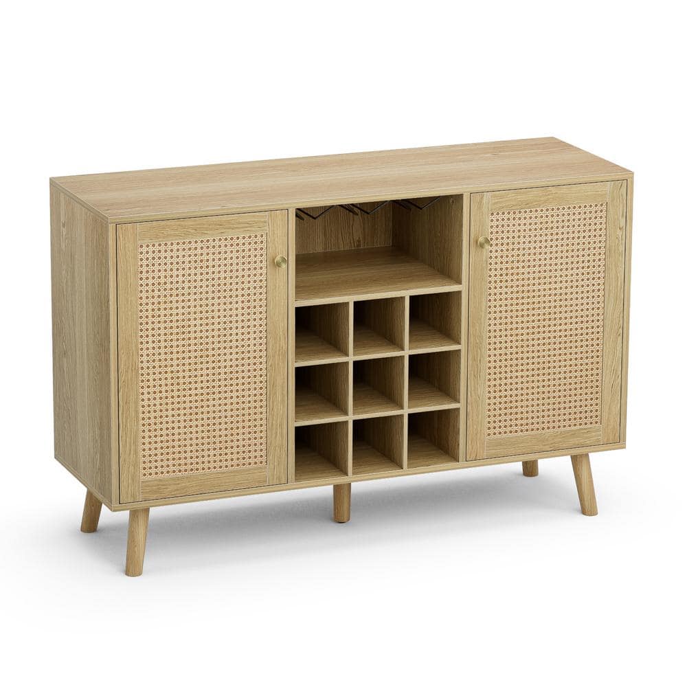 Rustic Oak and Rattan Wine Bar Cabinet with Adjustable Shelves
