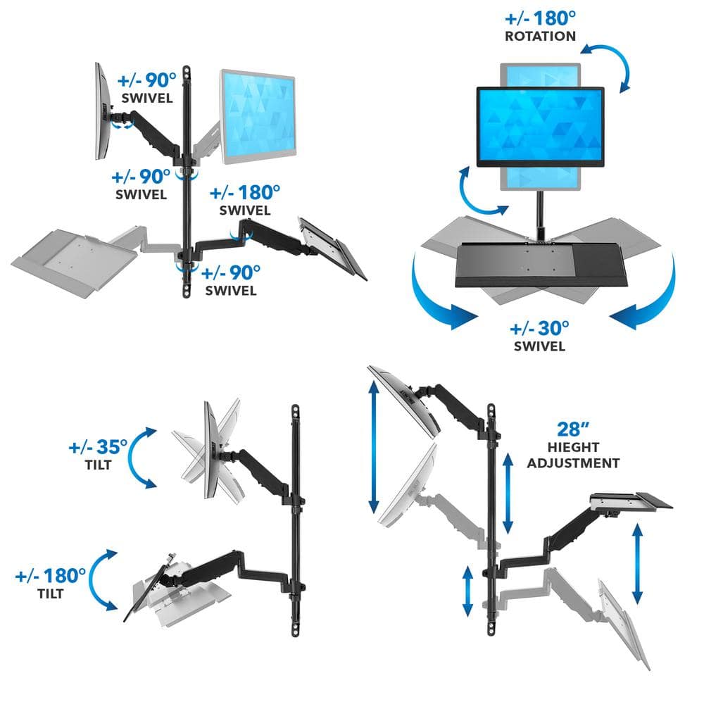 Black Steel Full Motion Wall Mount Workstation with Keyboard Tray