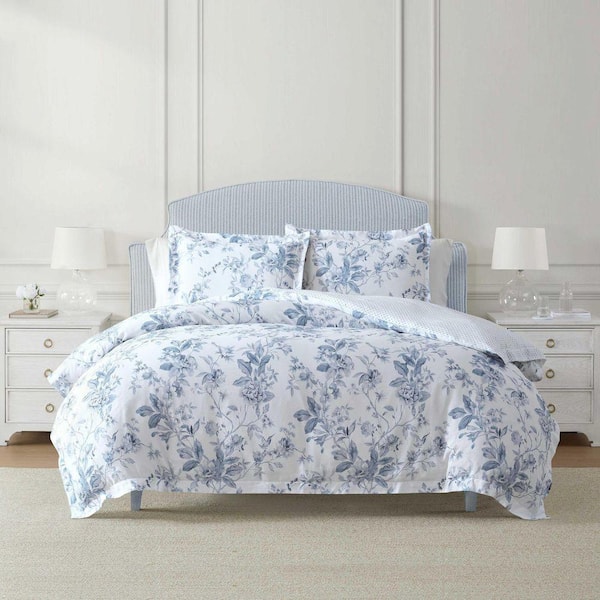Songbird 3-Piece White/Blue Cotton Sateen Full/Queen Comforter Set