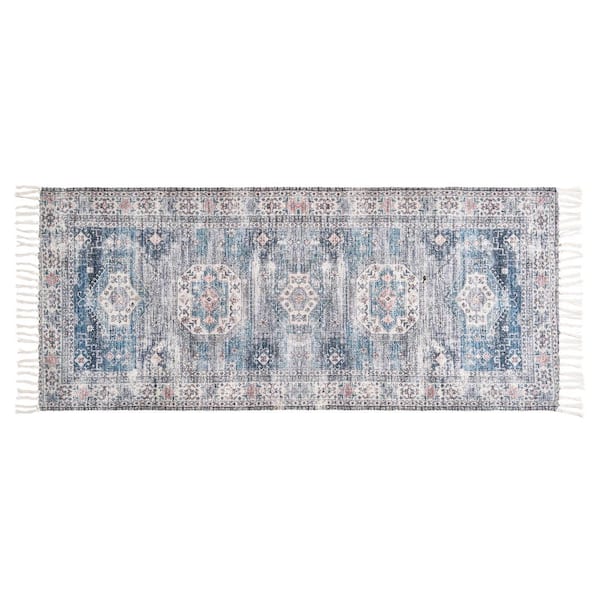Chinille Fringe Machine Washable Blue 2 ft. x 5 ft. Medallion Accent Rug