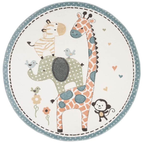 Carousel Kids Ivory 4 ft. x 4 ft. Animal Print Round Area Rug