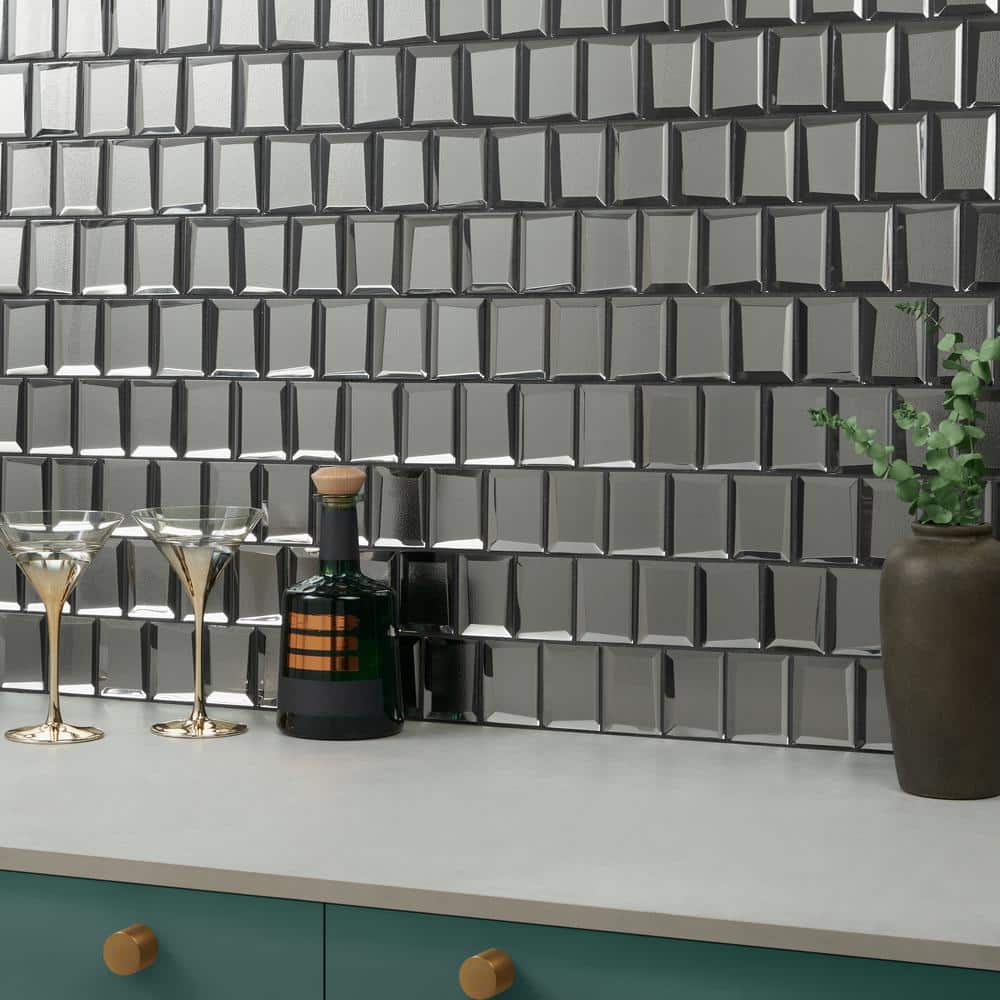 Kaur Platinum Silver Polished Glass Mosaic Wall Tile