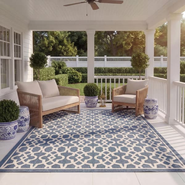Courtyard Navy/Beige 8 ft. x 11 ft. Border Indoor/Outdoor Patio  Area Rug