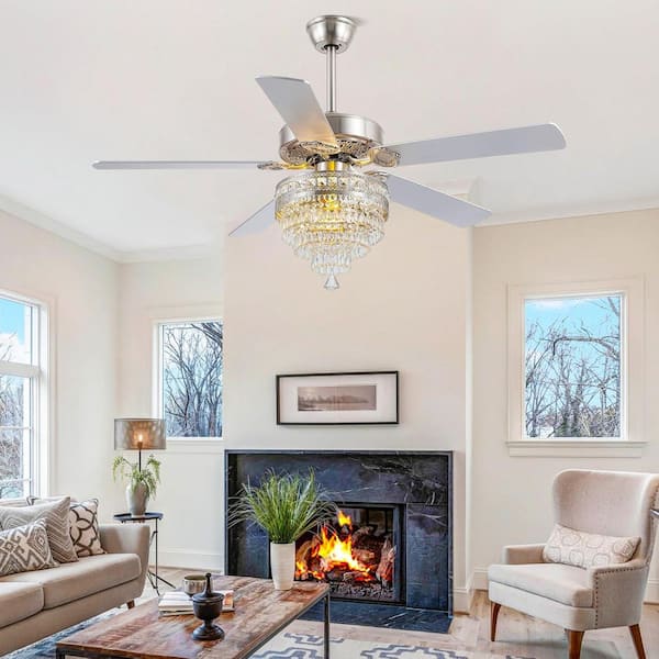 52 in. Indoor Crystal Chandelier Nickel Ceiling Fan Fandelier with Lights and Remote Control