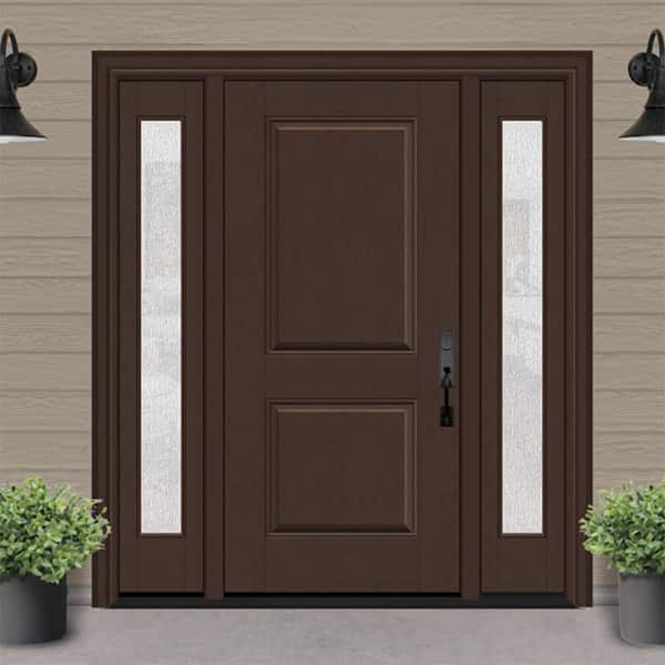Regency 68 in. x 80 in. 2P Squaretop LHIS Chestnut Stain Mahogany Fiberglass Prehung Front Door withRain14in. SLs 6-9/16