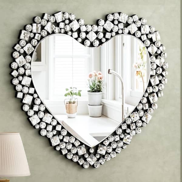 THKSHOUZ Silver Glass 30.8 in. W x 26.7 in. H Decorative Heart-Shaped Glass Framed Mirror
