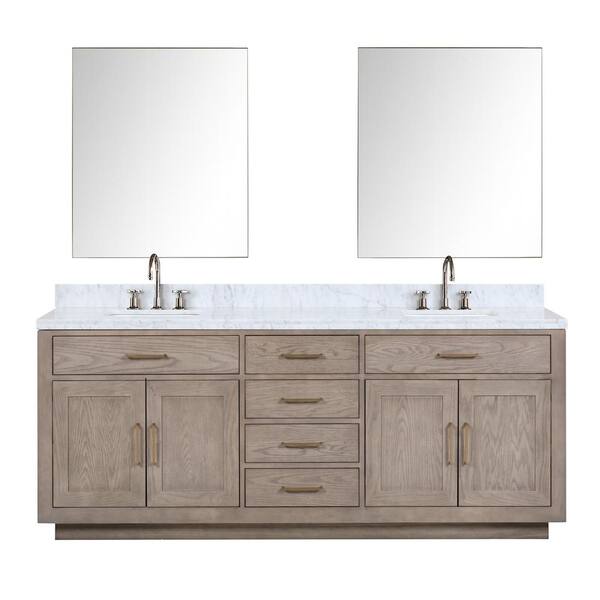 Lexora Condor 84 in W x 22 in D Grey Oak Double Bath Vanity, Carrara Marble Top, Faucet Set, and