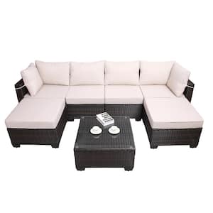 Brown 7-Piece PE Rattan Wicker Outdoor Garden Patio Furniture Sectional Set and Coffee Table with Beige Cushions