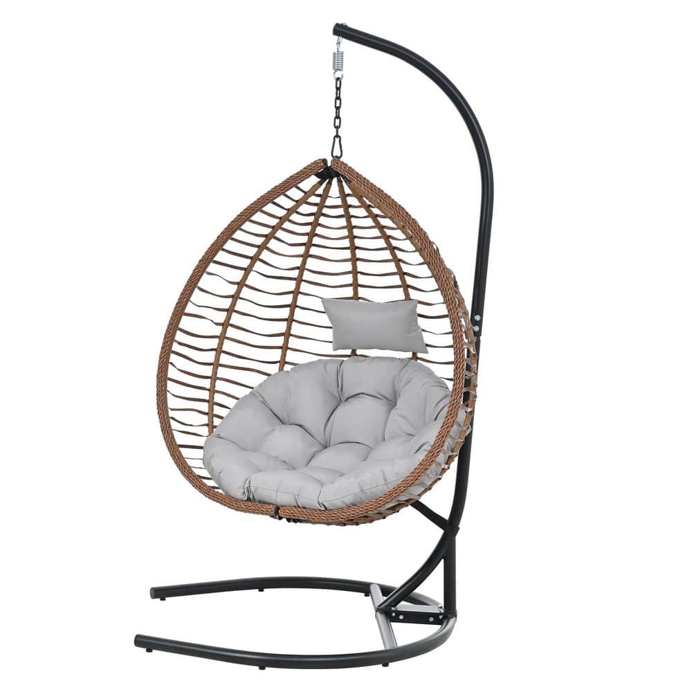 Xaviera Brown 3.5 ft. Free Standing Outdoor Patio Hanging Hammock Chair with Stand and Gray Cushion