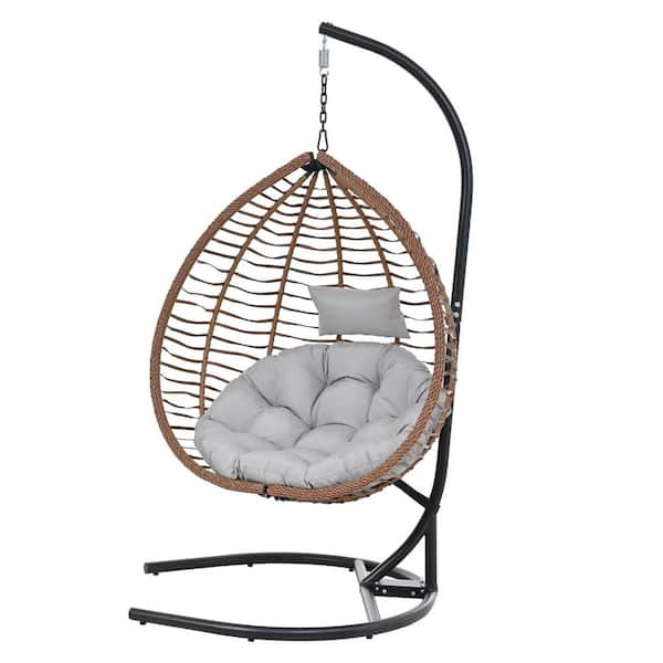 Xaviera Brown 3.5 ft. Free Standing Outdoor Patio Hanging Hammock Chair with Stand and Gray Cushion