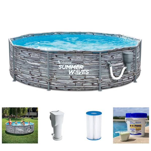 Summer Waves 12 ft. Round Active Stone Slate Print Metal Frame Above Ground Pool Set