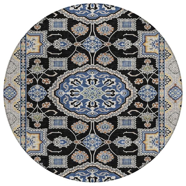 Chantille Machine Washable Indoor/Outdoor Abstract ACN2903 Black 8 ft. x 8 ft. Round Rug