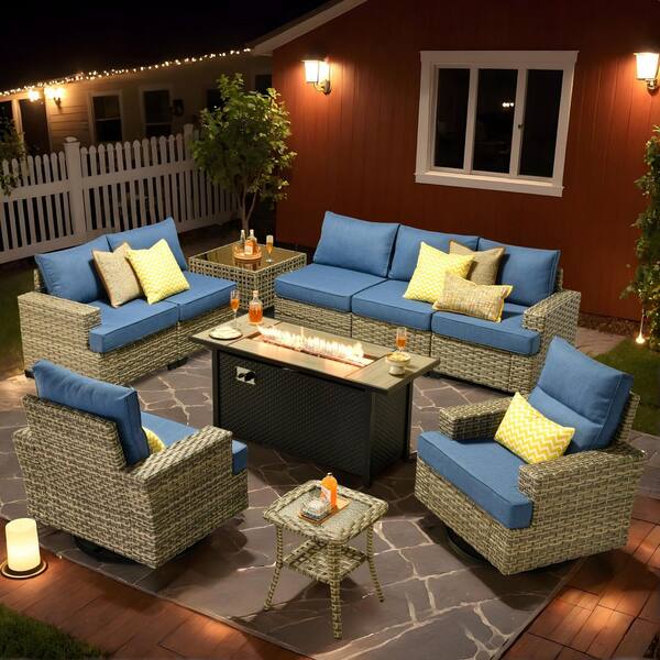 OVIOS Tiberty Gray 10-Piece Wicker 54 in. Rectangle Fire Pit Conversation Set with Diamond Blue Cushions and Swivel Chairs