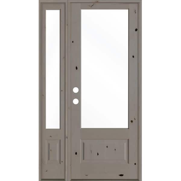Krosswood Doors 50 in. x 96 in. Farmhouse Knotty Alder Right-Hand/Inswing 3/4 Lite Clear Glass Grey Stain Wood Prehung Front Door w/LSL