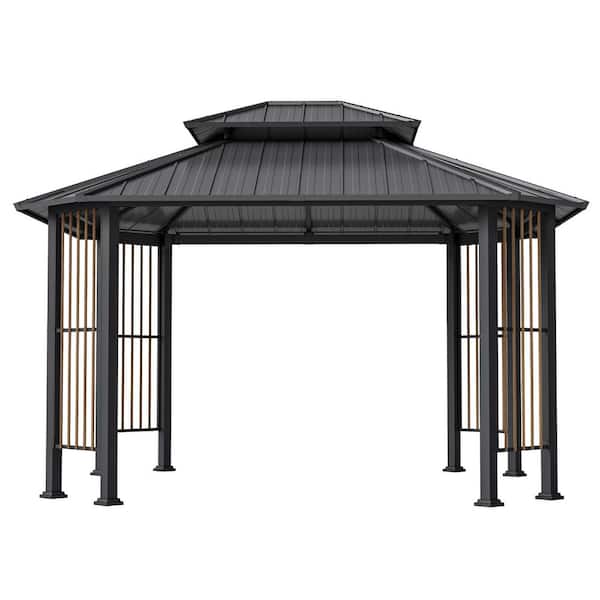 11 ft. x 13 ft. Gray Octagonal Outdoor Gazebo with Double-Roofed Hardtop and Screen
