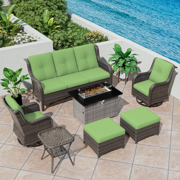 MeetLeisure 7-Piece PE Rattan Wicker Patio Conversation Set Outdoor Chairs and Fire Pit with Green Cushion