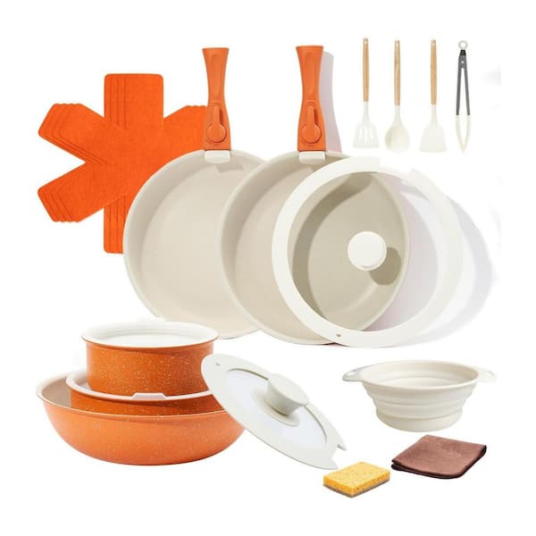 22-Piece Orange Ceramic Nonstick Cookware Set with Detachable Handles, Induction Compatible, Non-Toxic Kitchen