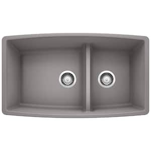 PERFORMA Silgranit 33 in. Undermount 60/40 Double Bowl Metallic Gray Kitchen Sink with Low Divide