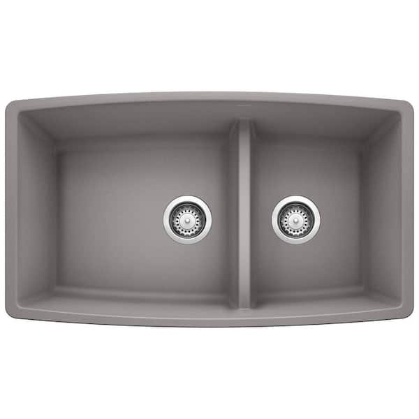 Blanco PERFORMA Silgranit 33 in. Undermount 60/40 Double Bowl Metallic Gray Kitchen Sink with Low Divide