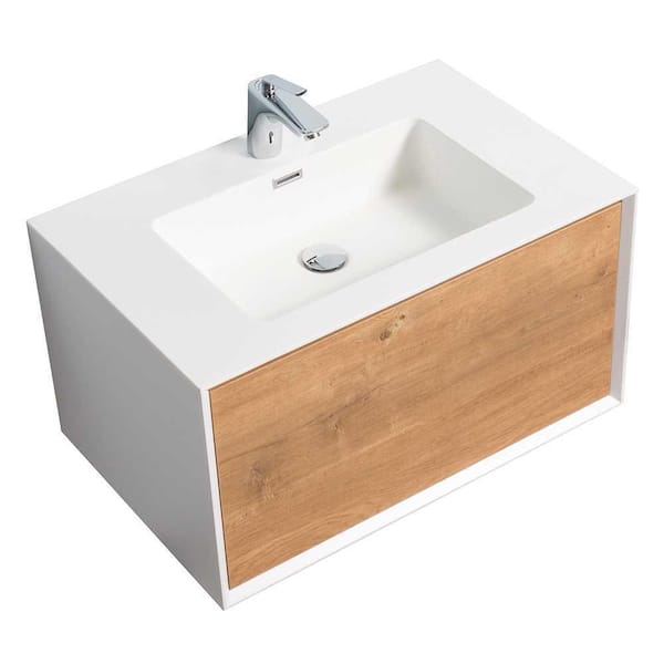 George William Cabinetry Aaron 29.4 in. W x 18.9 in. D. x 16.7 in. H Bath Vanity in Oak with White Cultured Marble Top