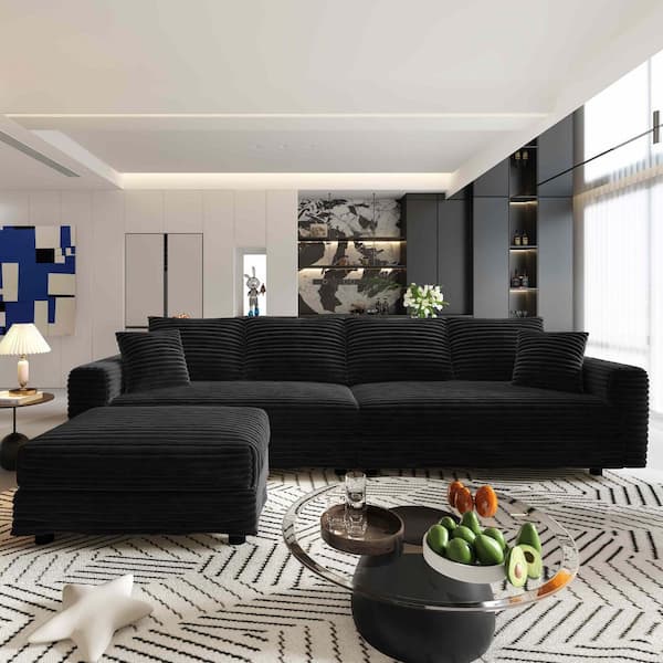 102.4 in. Square Arm Corduroy U-Shaped Sofa with Pillows and Ottoman in Black (Seats 4)