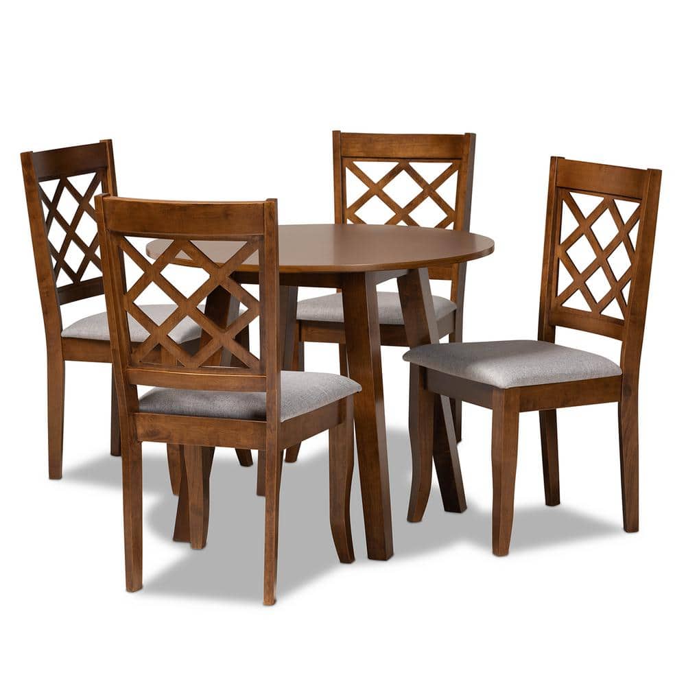 Adara 5-Piece Grey Fabric and Walnut Wood Circular Dining Set