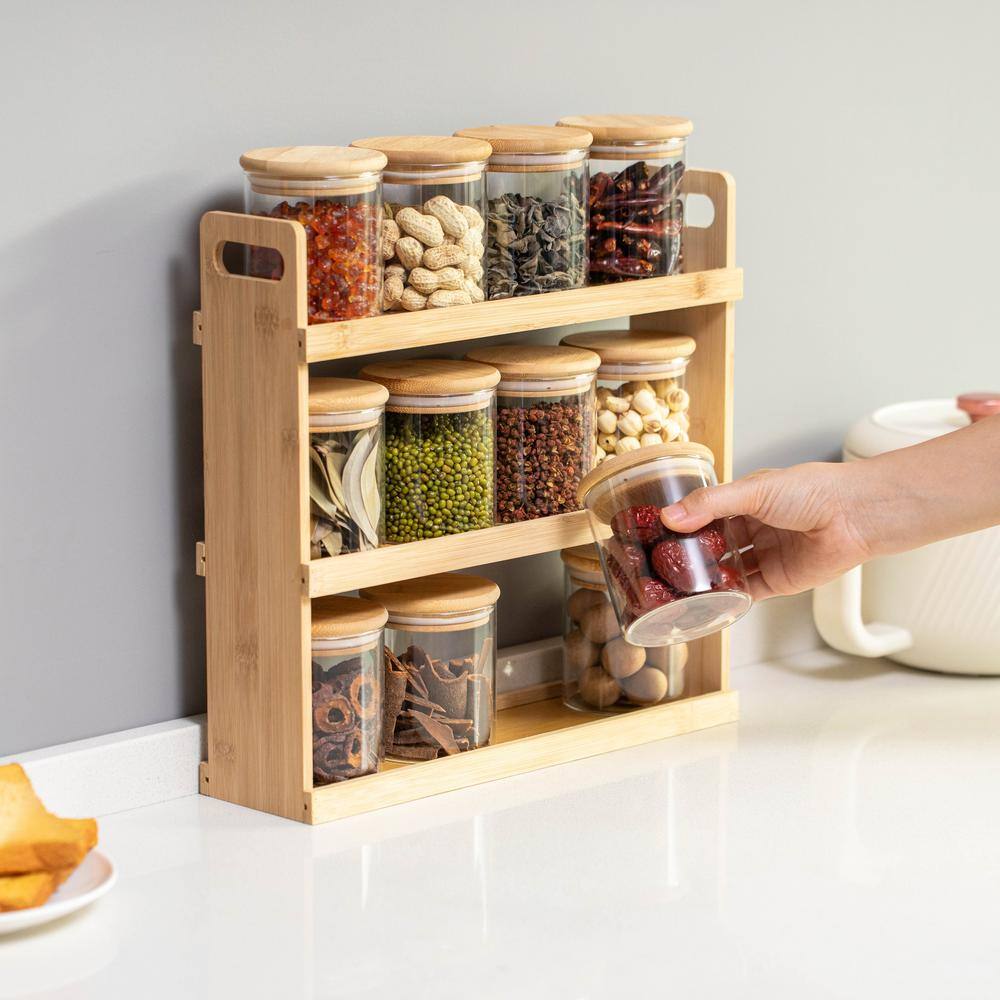 Versatile 3-Tier Bamboo Spice Rack with 12 Glass Jars