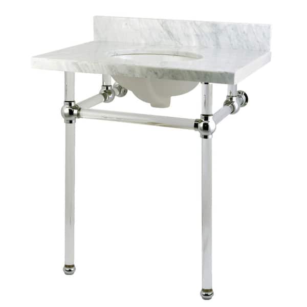 Templeton 30 in. x 22 in. Console Sink in White/Polished Chrome Carrara Marble with Acrylic Legs