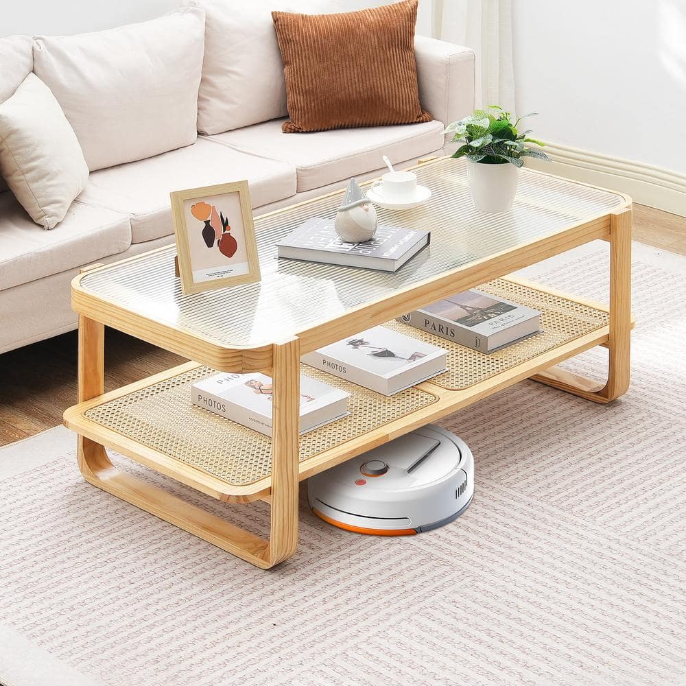 Natural Pine Wood and Glass Rectangular Coffee Table with Storage