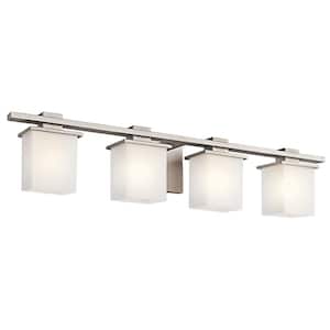Tully 32 in. 4-Light Antique Pewter Contemporary Bathroom Vanity Light with Etched Glass Shade