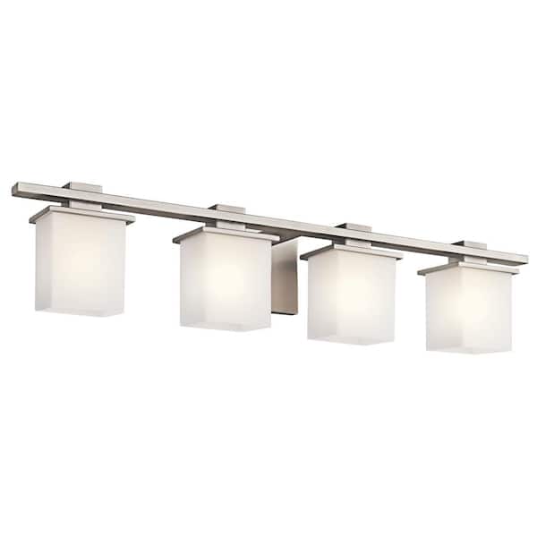 KICHLER Tully 32 in. 4-Light Antique Pewter Contemporary Bathroom Vanity Light with Etched Glass Shade