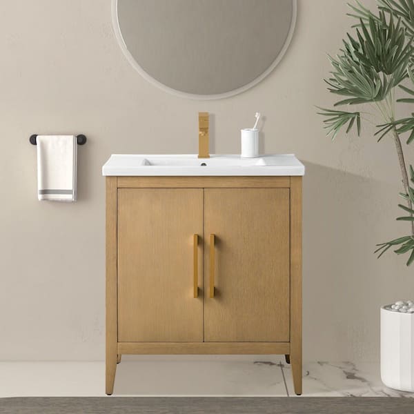 30 in. W x 18.5 in D x 34 in. H Single-Sink Bathroom Vanity Cabinet in Natural Oak with Ceramic Top in White