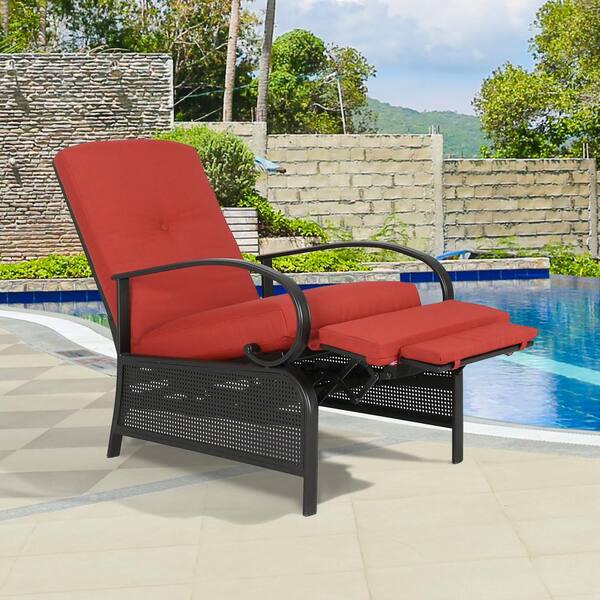 ULAX FURNITURE Black Adjustable Steel Outdoor Reclining Lounge Chair with  Red Cushion HD-970237R - The Home Depot