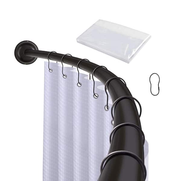 72 in. Aluminum Rustproof Adjustable Wall Mounted Single Curved Shower Rod, with Shower Rings and Shower Liner, Black
