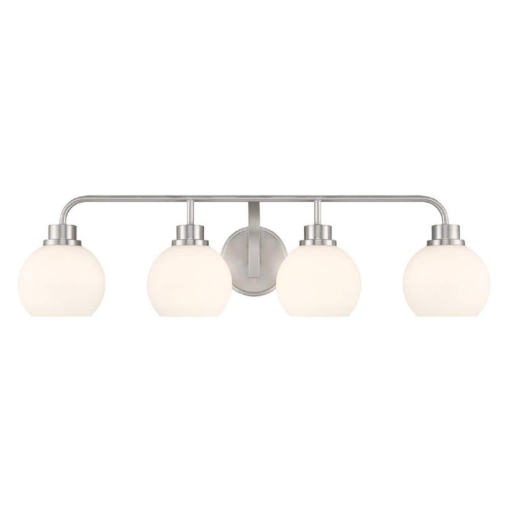 Meridian 32 in. W x 8.25 in. H 4-Light Brushed Nickel Contemporary Bathroom Vanity Light with White Opal Glass Shades price history on PriceWatchPro