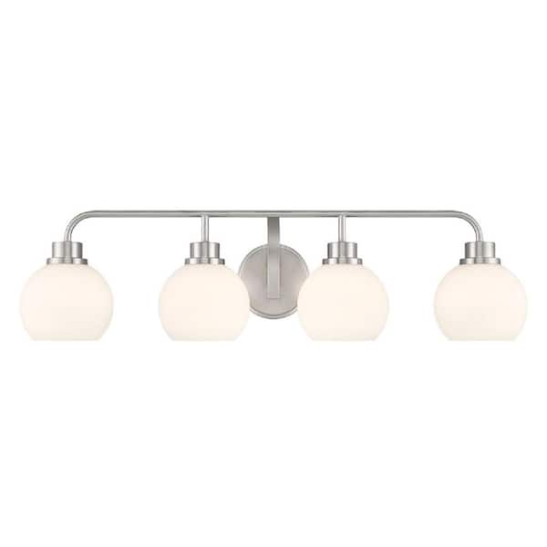 Meridian 32 in. W x 8.25 in. H 4-Light Brushed Nickel Contemporary Bathroom Vanity Light with White Opal Glass Shades