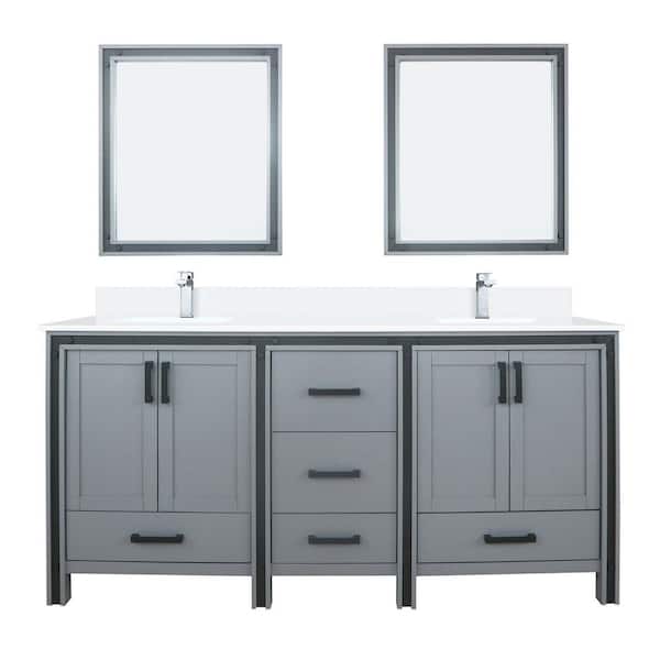 Ziva 72 in W x 22 in D Dark Grey Double Bath Vanity, White Quartz Top, Faucet Set and 30 in Mirrors