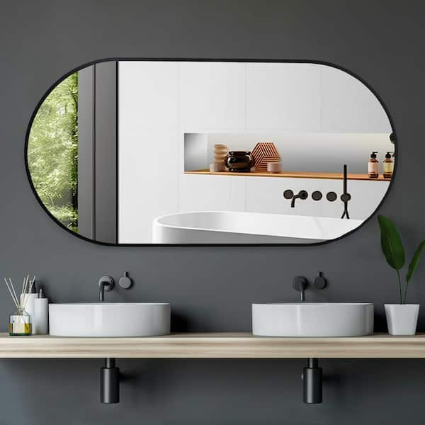 Can be hung horizontally/vertically 18 in. W x 35 in. H Oval Framed  aluminum Framed Wall Bathroom Vanity Mirror MSWY-12 - The Home Depot