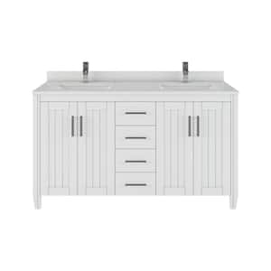 Jake 60 in. W x 22 in. D Bath Vanity in White ENGRD Stone Vanity Top in White with White Basin Power Bar and Organizer