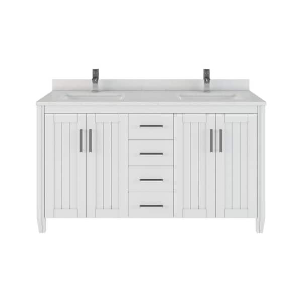 ART BATHE Jake 60 in. W x 22 in. D Bath Vanity in White ENGRD Stone Vanity Top in White with White Basin Power Bar and Organizer