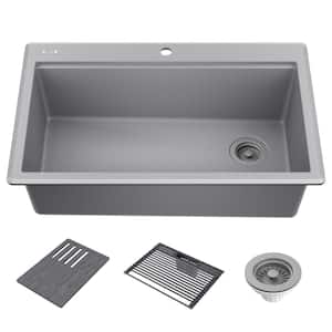 Everest Dark Grey Granite Composite 33 in. Single Bowl Drop-In Workstation Kitchen Sink with Accessories
