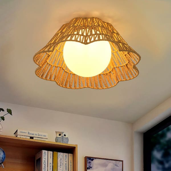 aiwen 17.91 in. 1-Light Boho Wicker Semi Flush Mount Hand Woven
