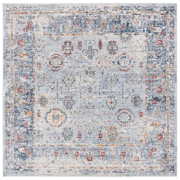 History 7 ft. x 7 ft. Light Gray/Navy Distressed Border Square Area Rug