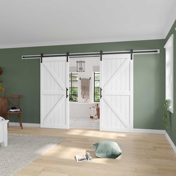 72 in. x 84 in. (Double 36 in. doors) British K Shape White MDF Sliding Barn Door with Hardware Kit